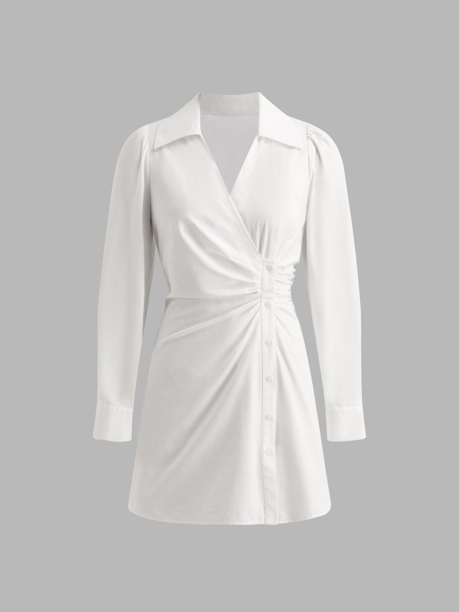 Women Ahaselected Dresses | Button-Up Wrap Shirt Dress With Turn-Down Collar White