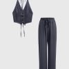 Women Ahaselected Matching Sets | Chic V-Neck Striped Vest U0026 Palazzo Pants 2 Pieces Set Grey