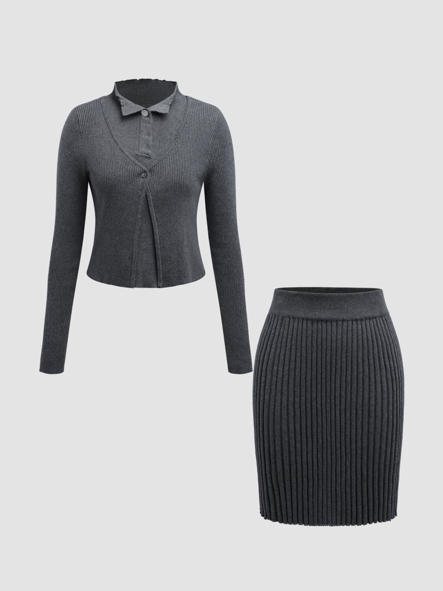 Women Ahaselected Matching Sets | Cozy Knit Sweater Vest And Pleated Skirt 3 Piece Set Grey