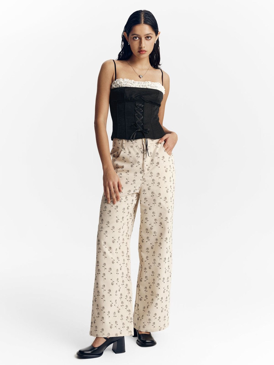 Women Ahaselected Pants | Women'S Corduroy Floral Wide Leg Pants Beige