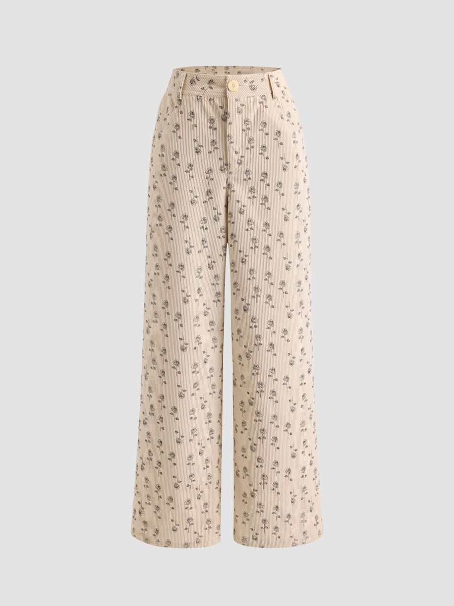 Women Ahaselected Pants | Women'S Corduroy Floral Wide Leg Pants Beige