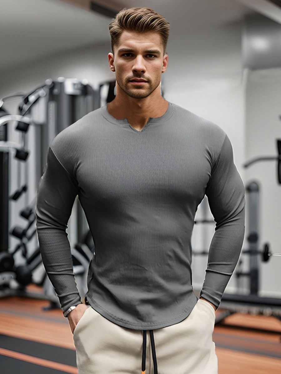 Men Ahaselected | Muscle Fit V-Neck Long Sleeve Cotton Rib Knit T-Shirt