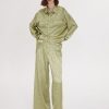 Women Ahaselected Matching Sets | Textured Satin Patch Pocket Oversize Shirt U0026 Wide Leg Pants 2 Pieces Set Green