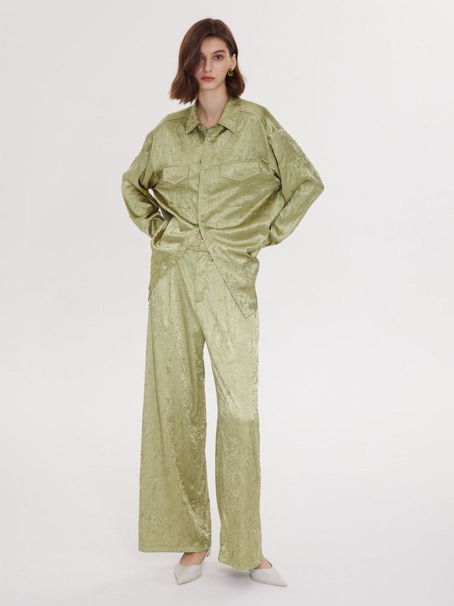 Women Ahaselected Matching Sets | Textured Satin Patch Pocket Oversize Shirt U0026 Wide Leg Pants 2 Pieces Set Green