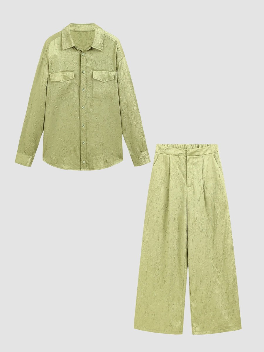 Women Ahaselected Matching Sets | Textured Satin Patch Pocket Oversize Shirt U0026 Wide Leg Pants 2 Pieces Set Green