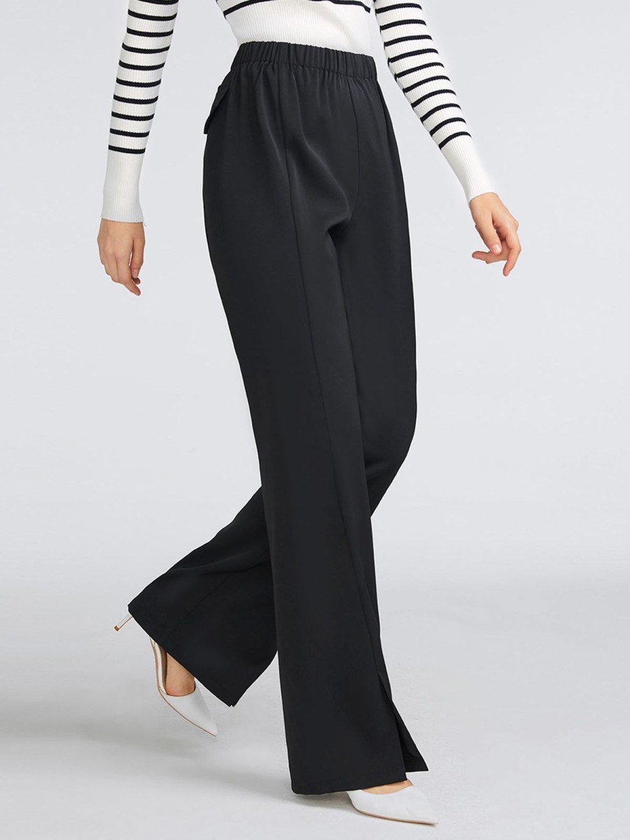 Women Ahaselected Pants | High Waist Wide-Leg Slit Pants Black