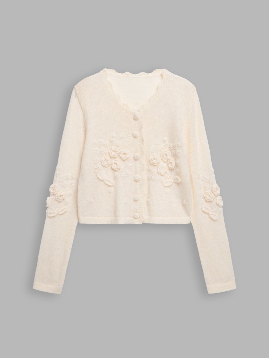 Women Ahaselected Tops | Knit Cardigan With 3D Flower Embellishment Beige