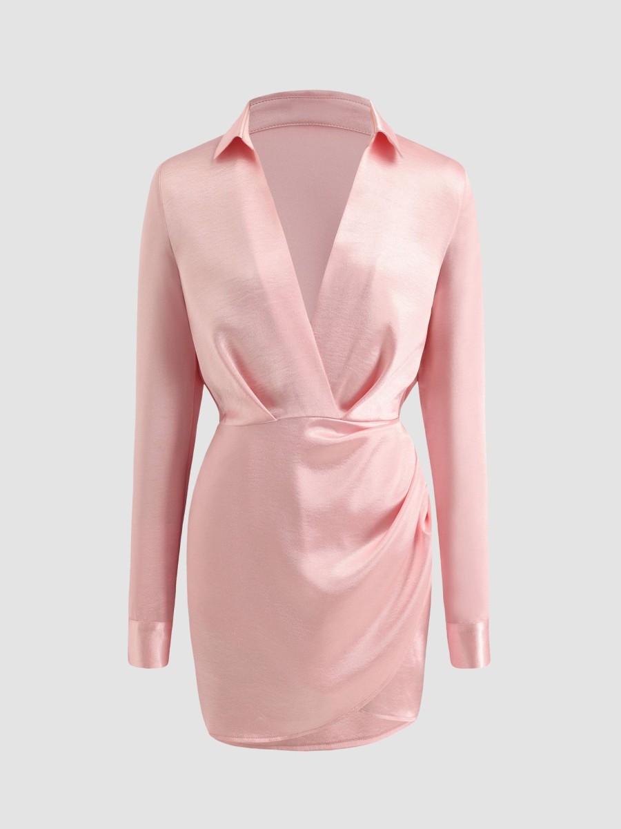 Women Ahaselected Dresses | Satin Lapel Wrap Dress Pink