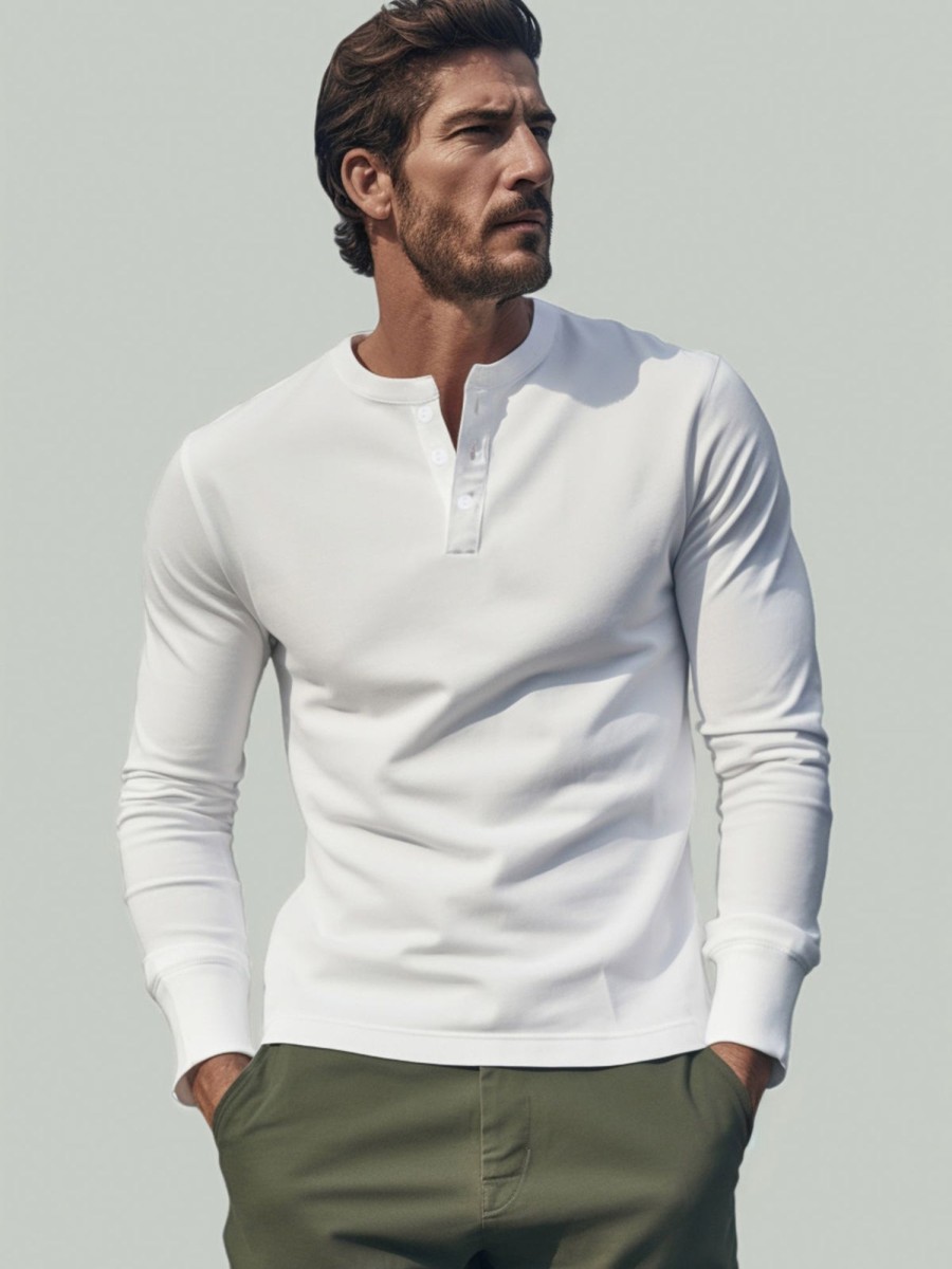 Men Ahaselected | Classic Cotton Long Sleeve Henley Shirt