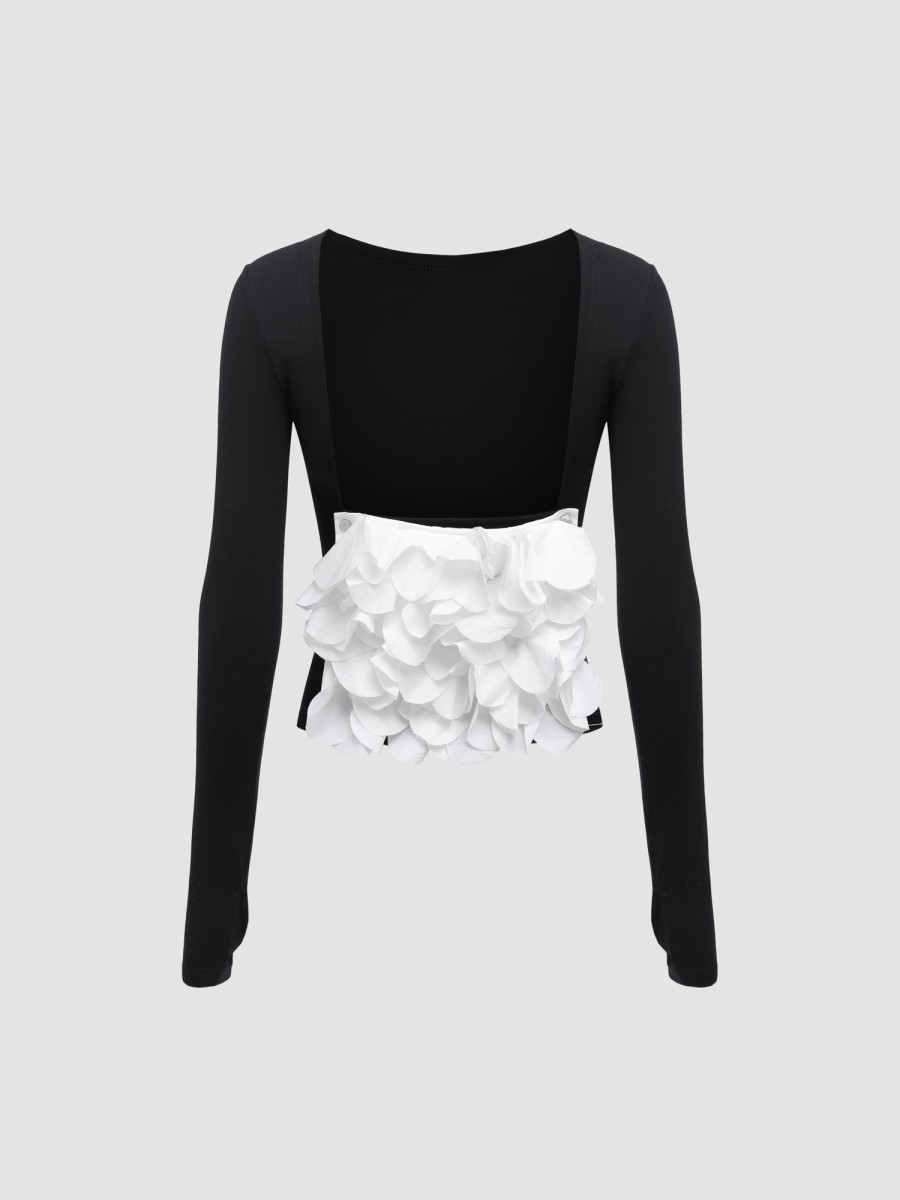 Women Ahaselected Tees & Graphics | Removable Flower Backless Crewneck Long-Sleeved T-Shirt Black