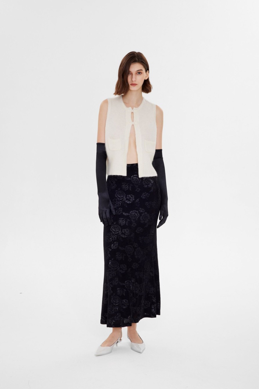 Women Ahaselected Skirts | Knitted Floral Pattern Fishtail Long Skirt Black