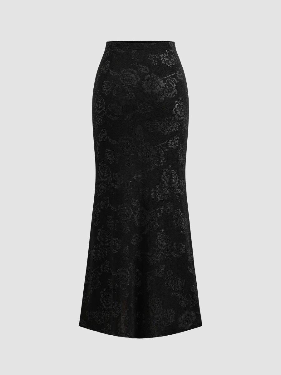 Women Ahaselected Skirts | Knitted Floral Pattern Fishtail Long Skirt Black