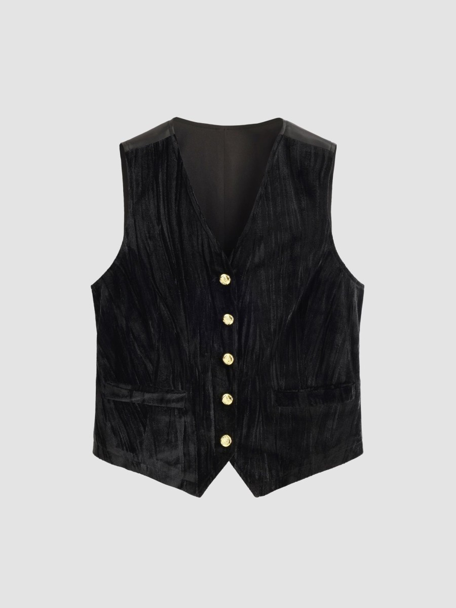 Women Ahaselected Jackets & Coats | Embossed Velvet Patchwork Vest Black