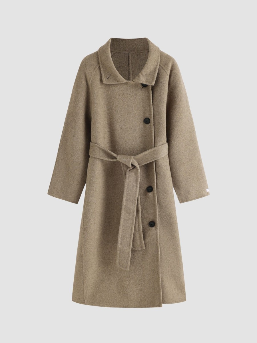 Women Ahaselected Jackets & Coats | Tailored Collar Buttons Long Coat With Adjustable Belt