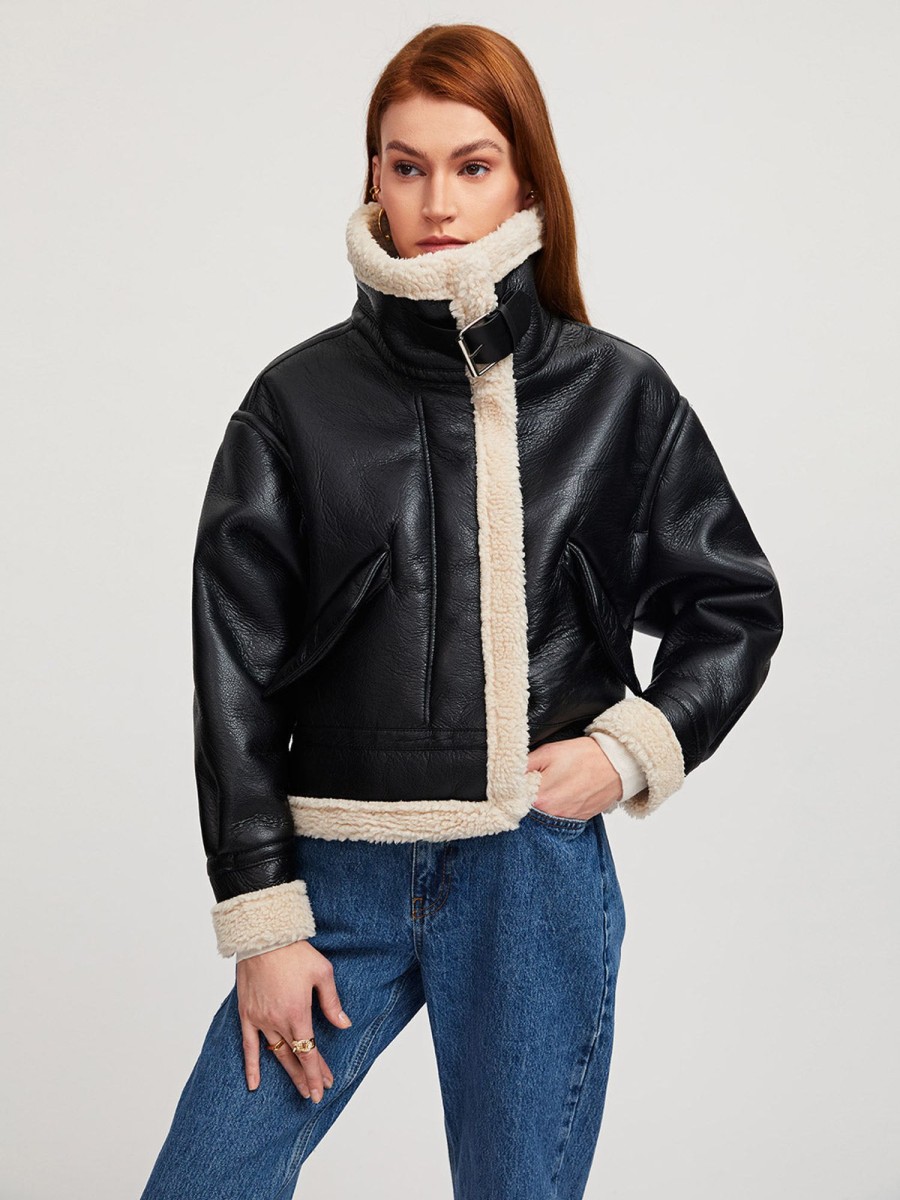 Women AhaAha Jackets & Coats | Sherpa Lined Shearling Leather Aviator Jacket Black