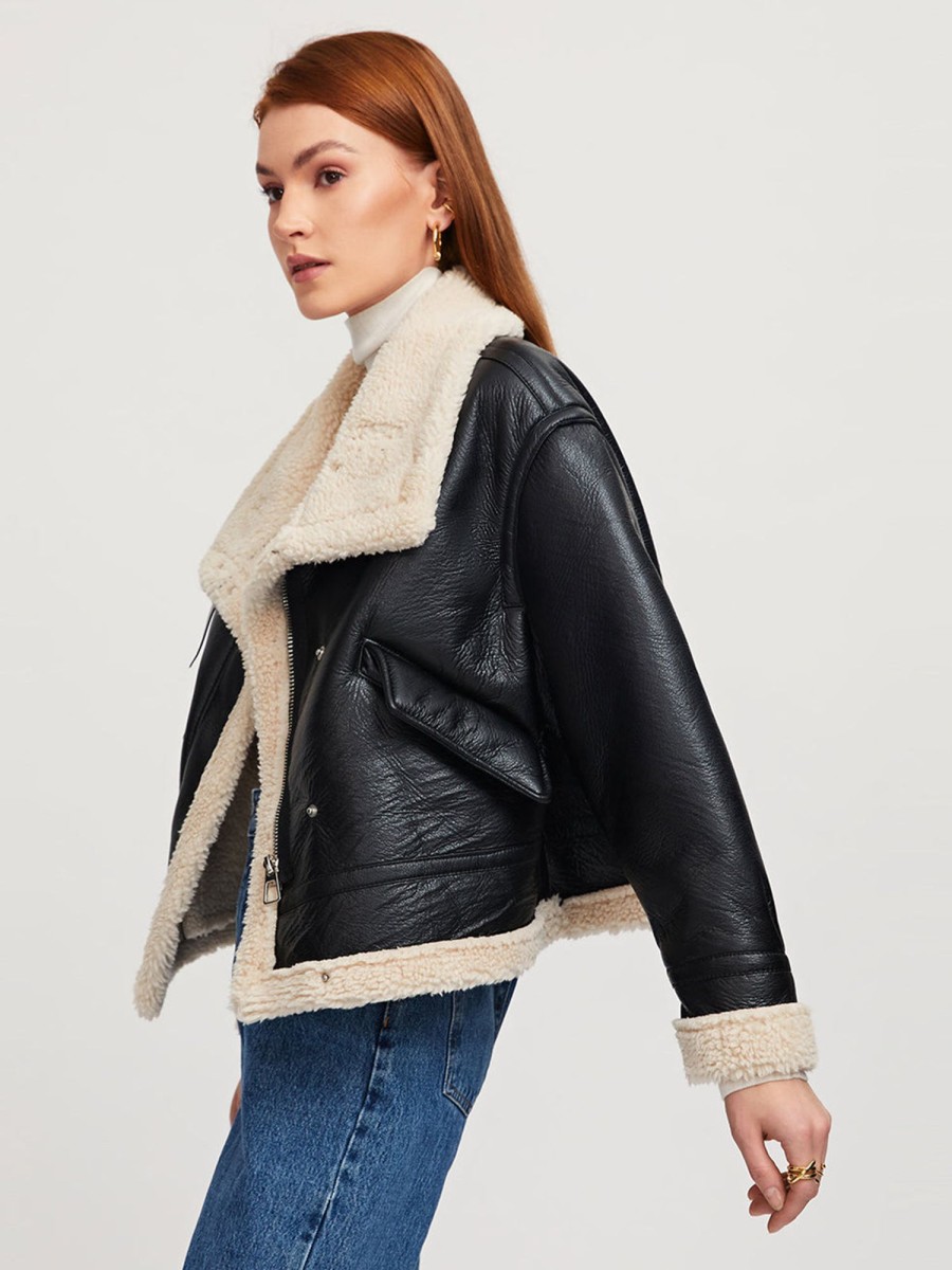 Women AhaAha Jackets & Coats | Sherpa Lined Shearling Leather Aviator Jacket Black