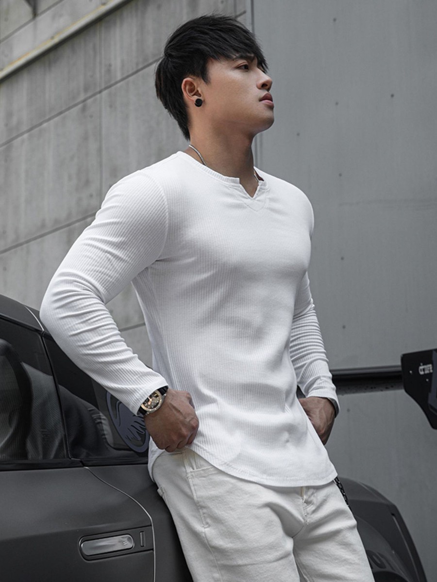 Men Ahaselected | Muscle Fit V-Neck Long Sleeve Cotton Rib Knit Tech T-Shirt