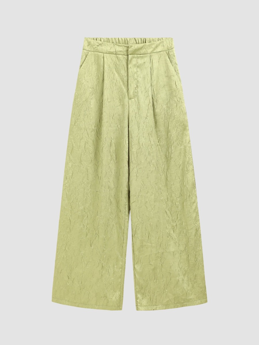 Women Ahaselected Matching Sets | Textured Satin Pleated Wide Leg Pants Green