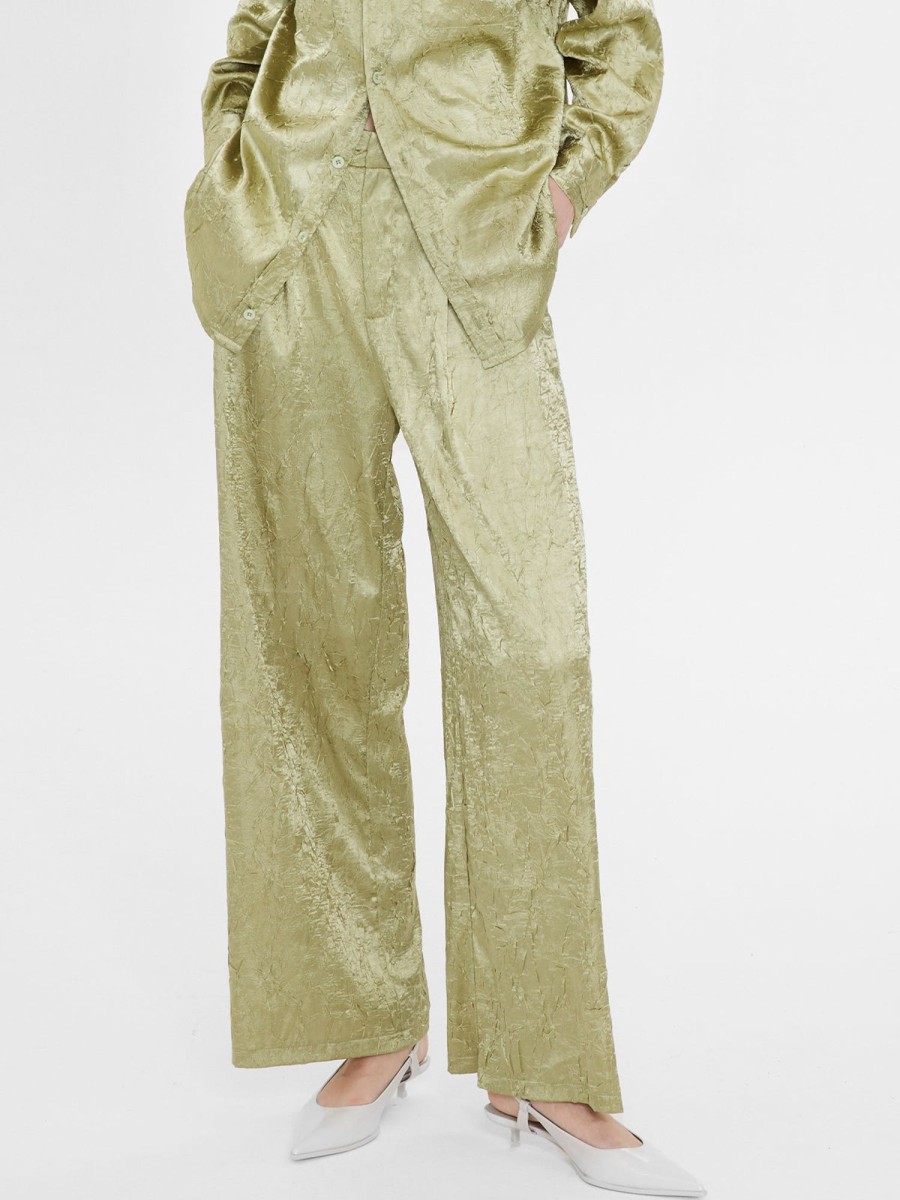 Women Ahaselected Matching Sets | Textured Satin Pleated Wide Leg Pants Green