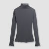 Women Ahaselected Tees & Graphics | Body-Hugging Turtleneck Lace-Edge Long-Sleeved Mesh Top Grey