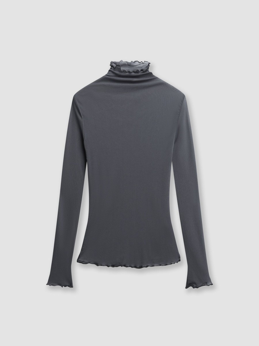 Women Ahaselected Tees & Graphics | Body-Hugging Turtleneck Lace-Edge Long-Sleeved Mesh Top Grey