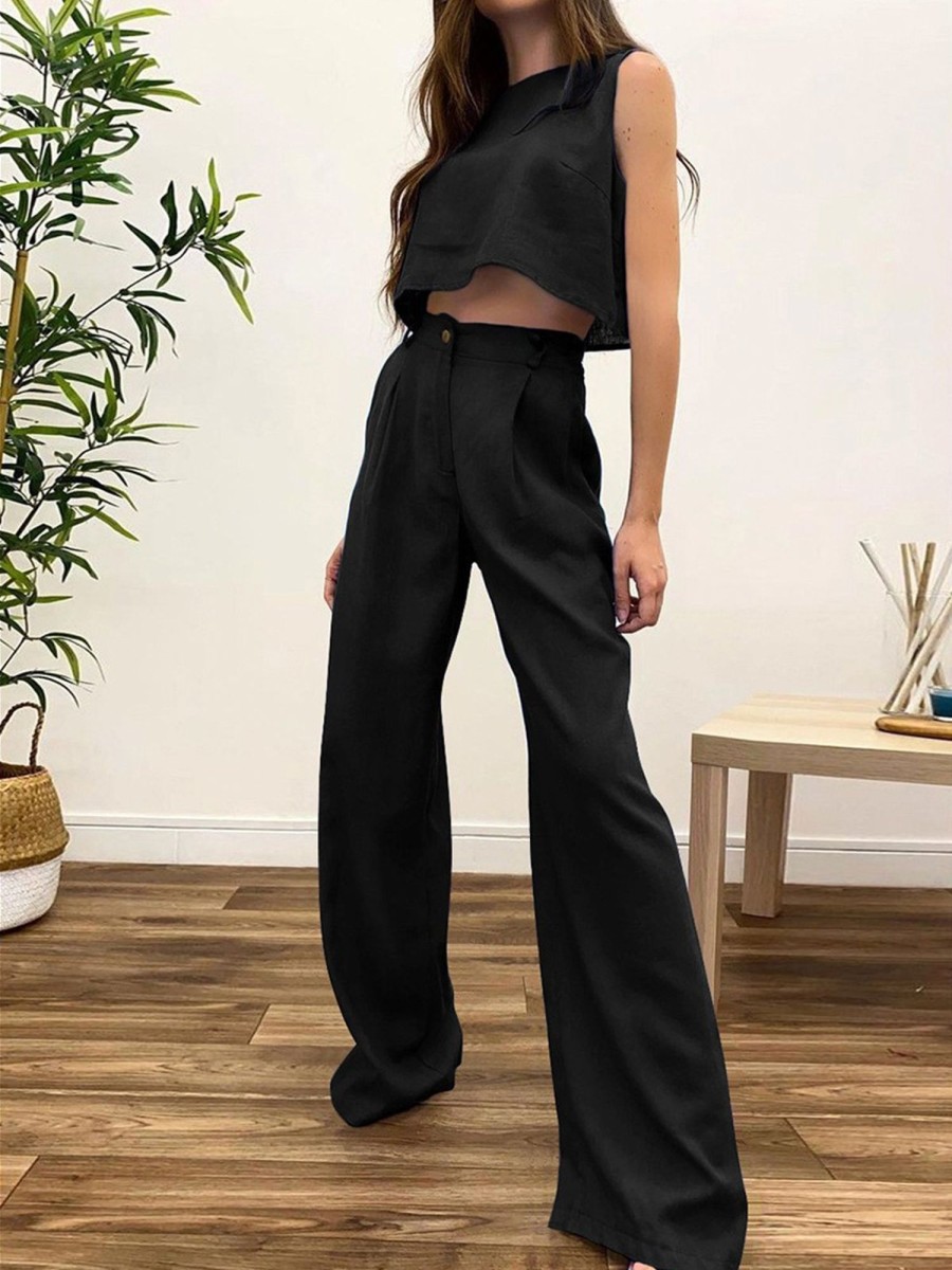 Women Ahaselected Matching Sets | Breezy Cotton Cropped Tank Top +High Waist Pants Set