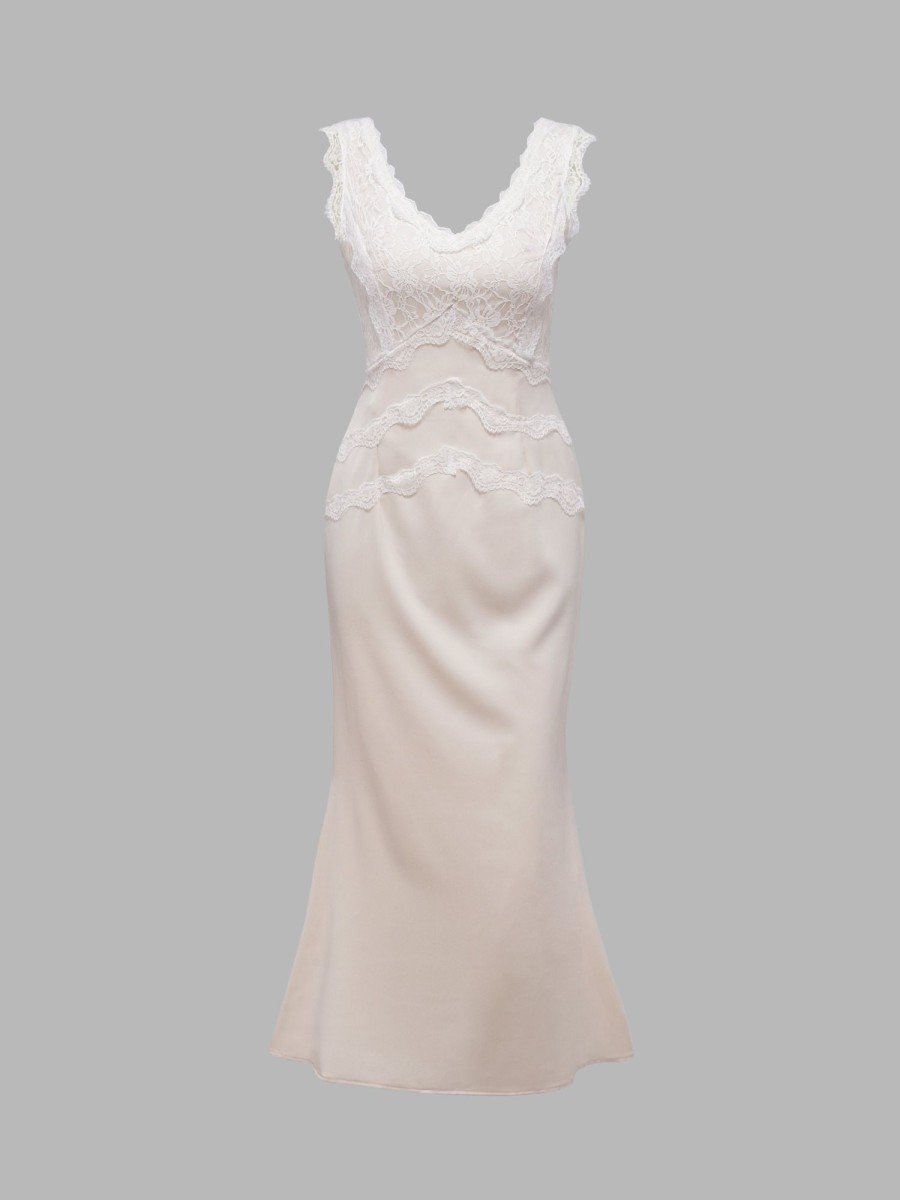 Women Ahaselected Dresses | Lace-Trimmed Satin Dress Beige