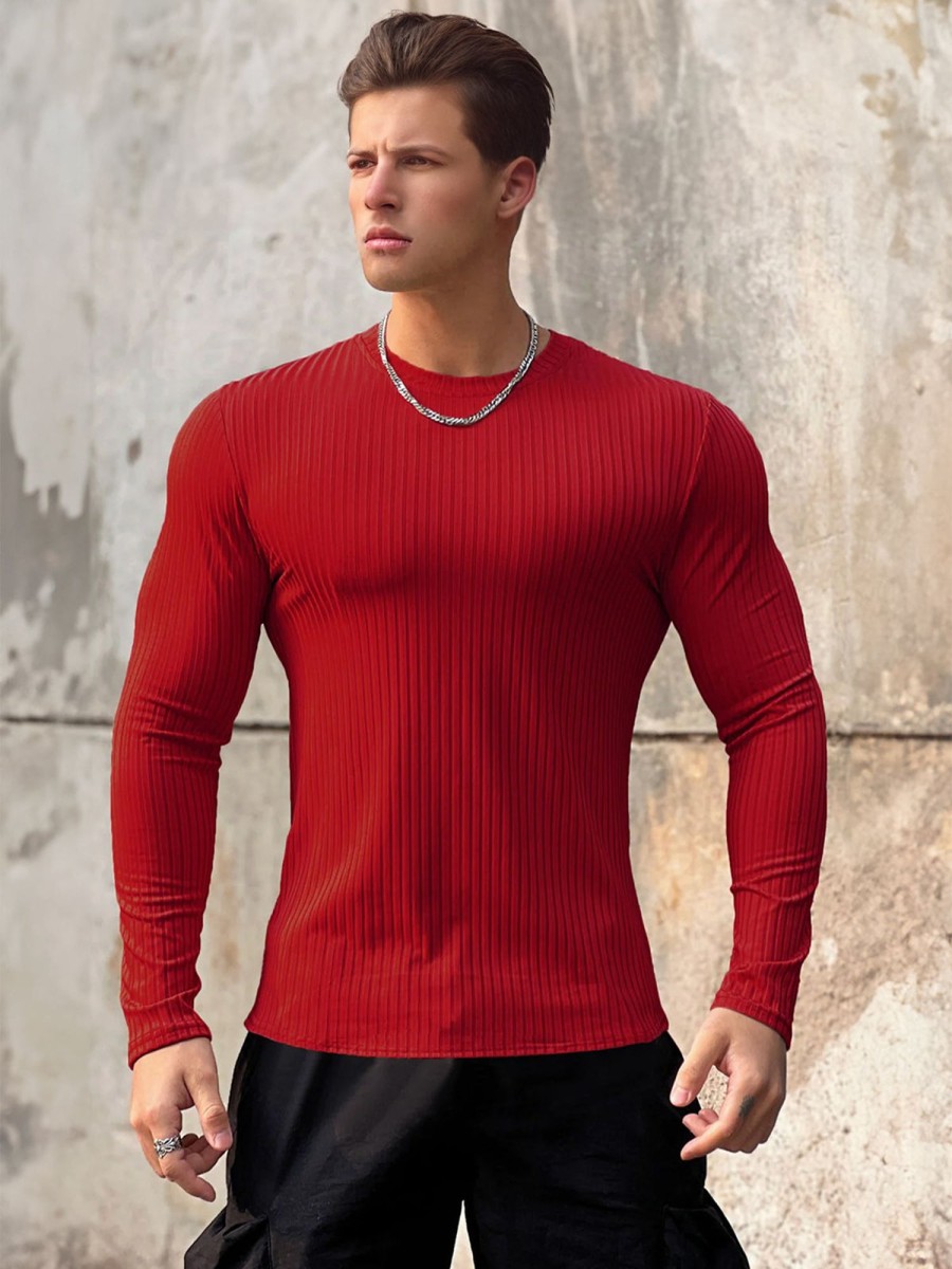 Men Ahaselected | Stretch Rib Jersey Crewneck Long Sleeves T-Shirt