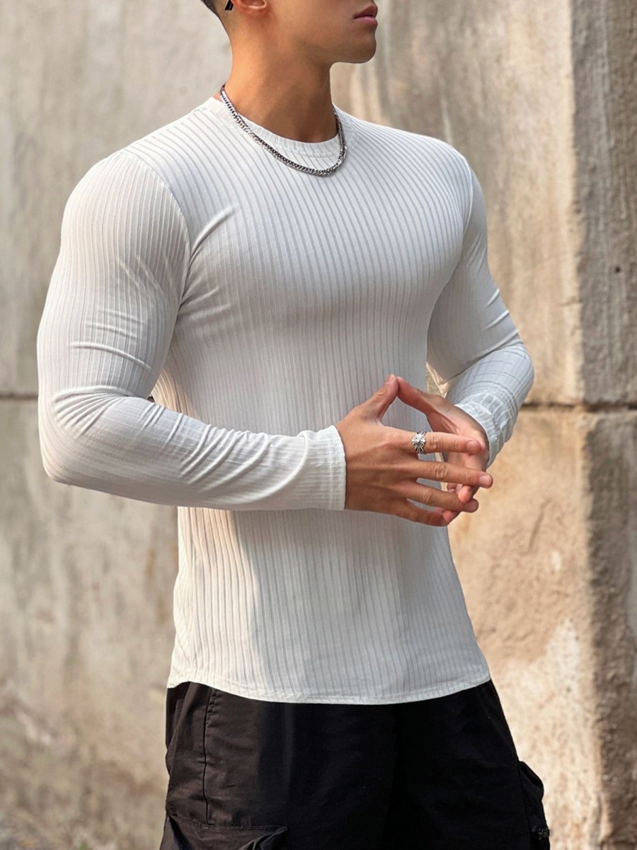 Men Ahaselected | Stretch Rib Jersey Crewneck Long Sleeves T-Shirt