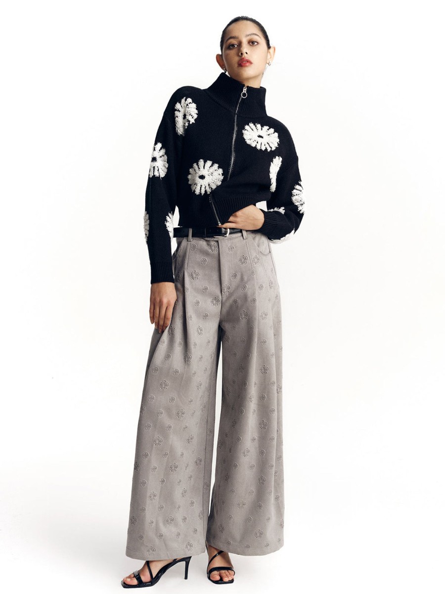 Women Ahaselected Tops | Floral Jacquard Zippered Cardigan Black