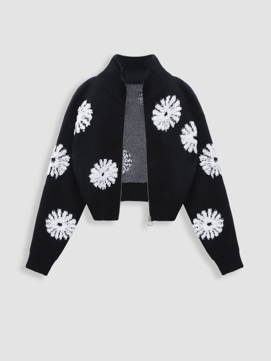 Women Ahaselected Tops | Floral Jacquard Zippered Cardigan Black