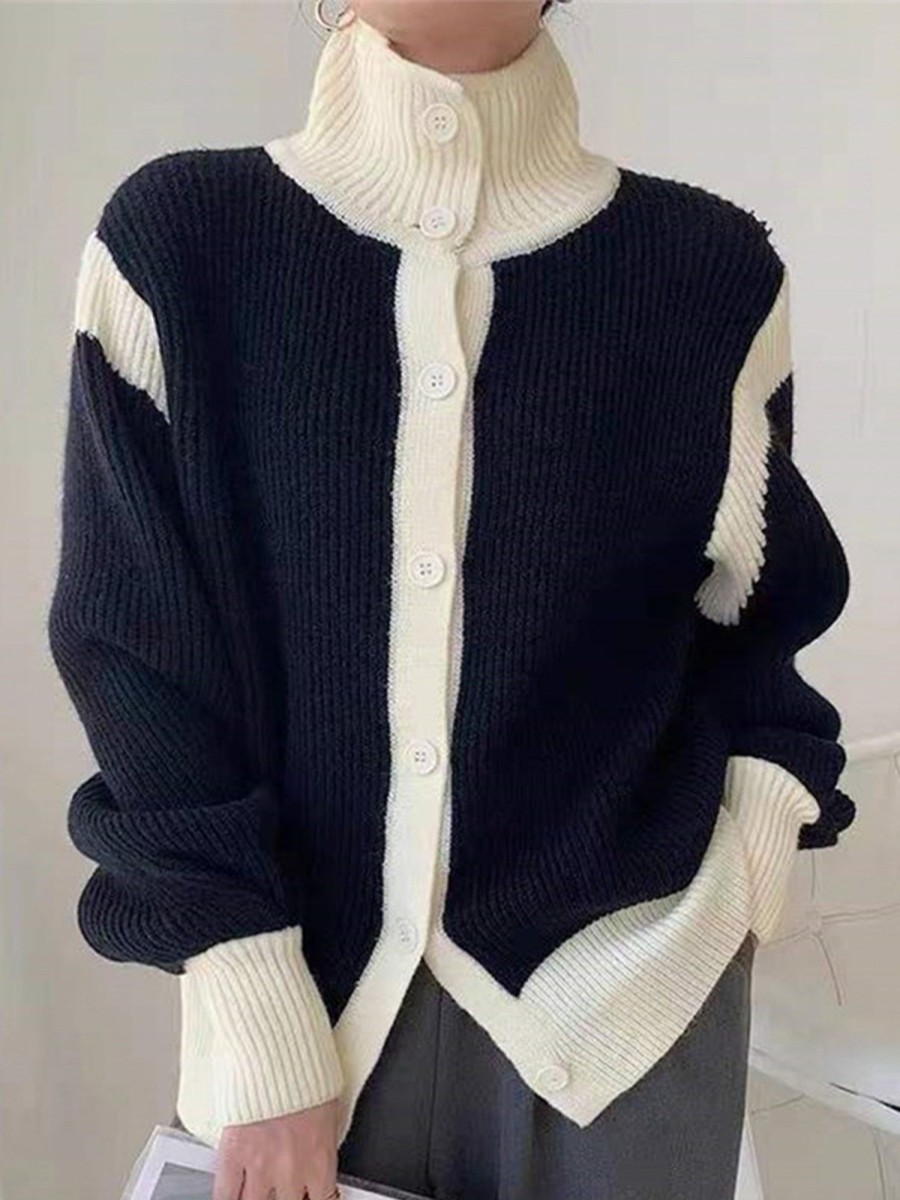 Women Ahaselected Tops | Cozy High Neck Color-Block Knit Cardigan