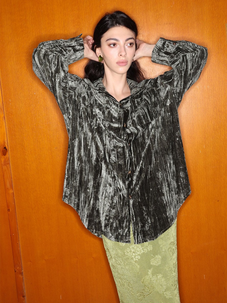 Women Ahaselected Shirts & Blouses | Chic Loose Fit Velvet Embossed Blouse Green