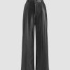 Women Ahaselected Pants | Women'S Pleated Pu Leather Wide Leg Pants Black