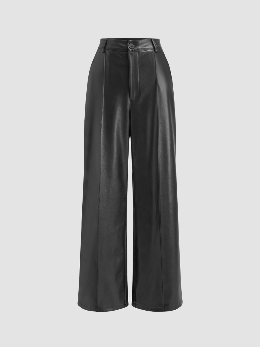 Women Ahaselected Pants | Women'S Pleated Pu Leather Wide Leg Pants Black