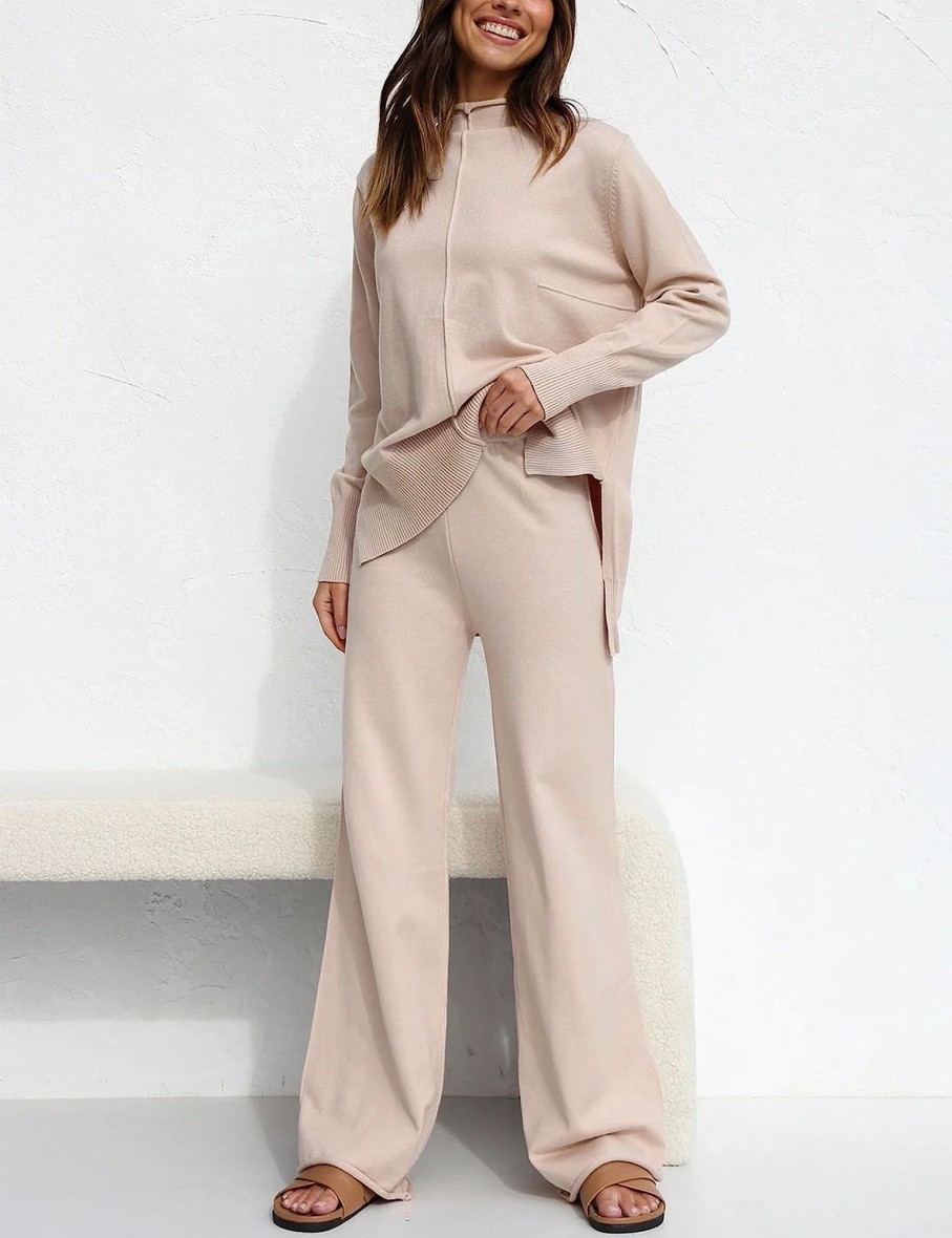 Women Ahaselected Matching Sets | Side Slit Sweater U0026 Knitted Wide-Leg Pant 2 Piece Lounge Set