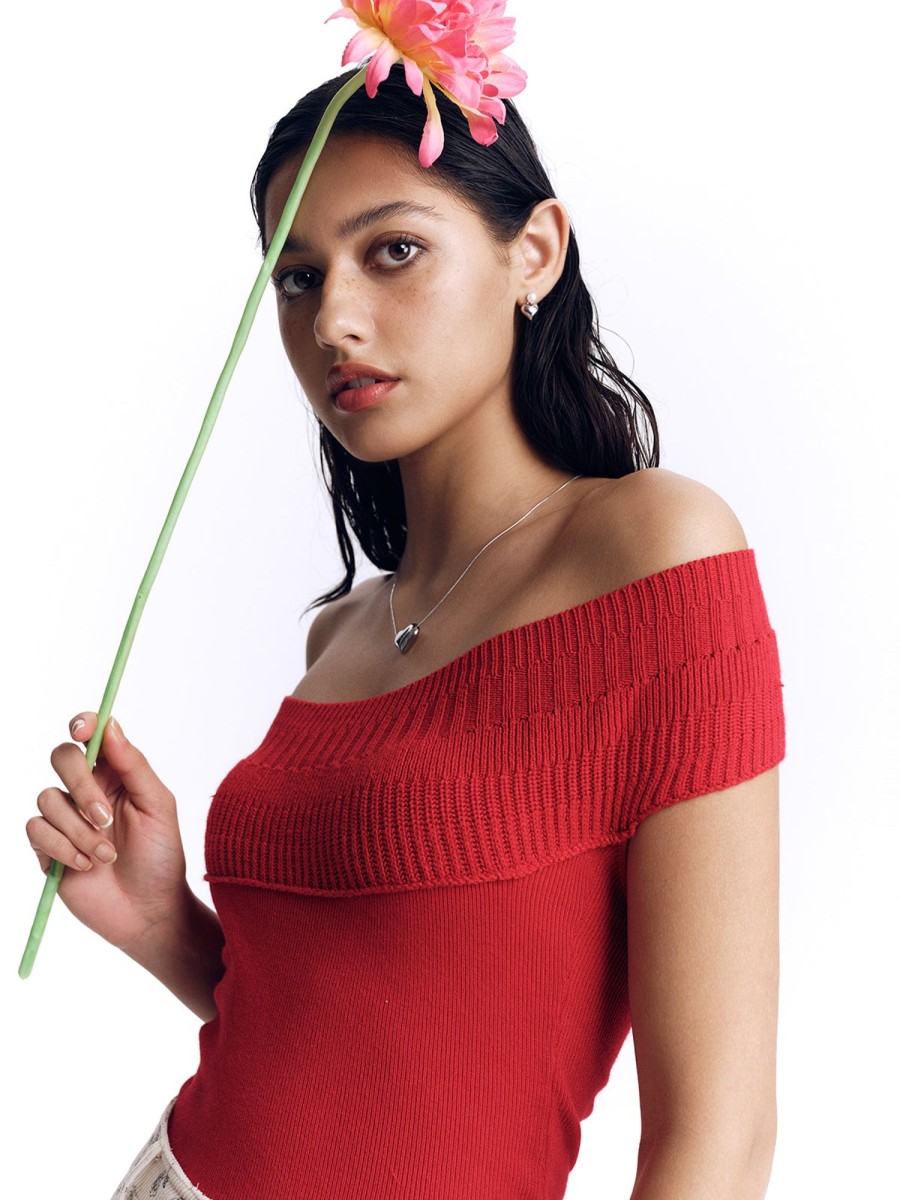 Women Ahaselected Tops | Women'S Cropped One-Shoulder Sweater Red