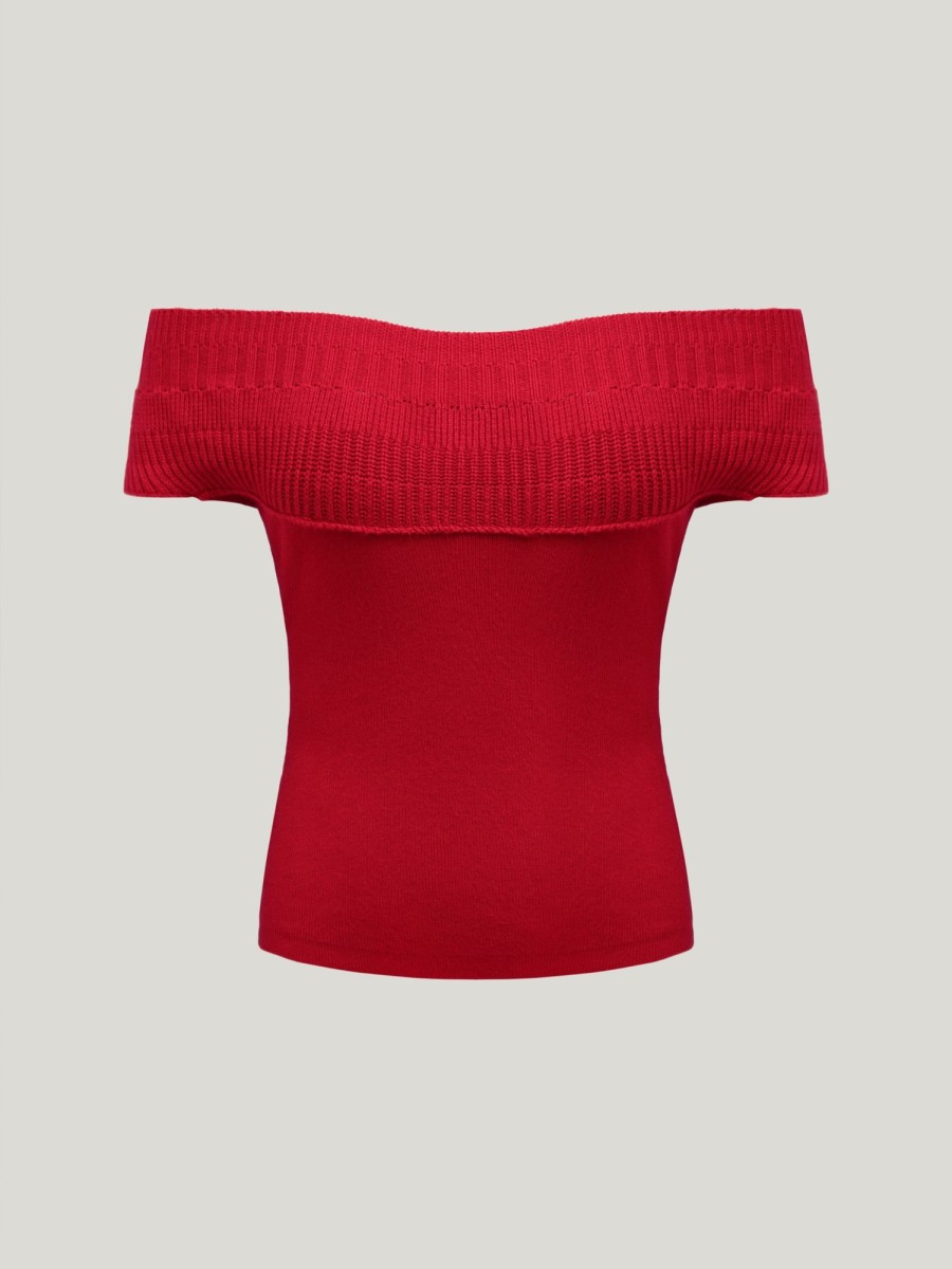 Women Ahaselected Tops | Women'S Cropped One-Shoulder Sweater Red