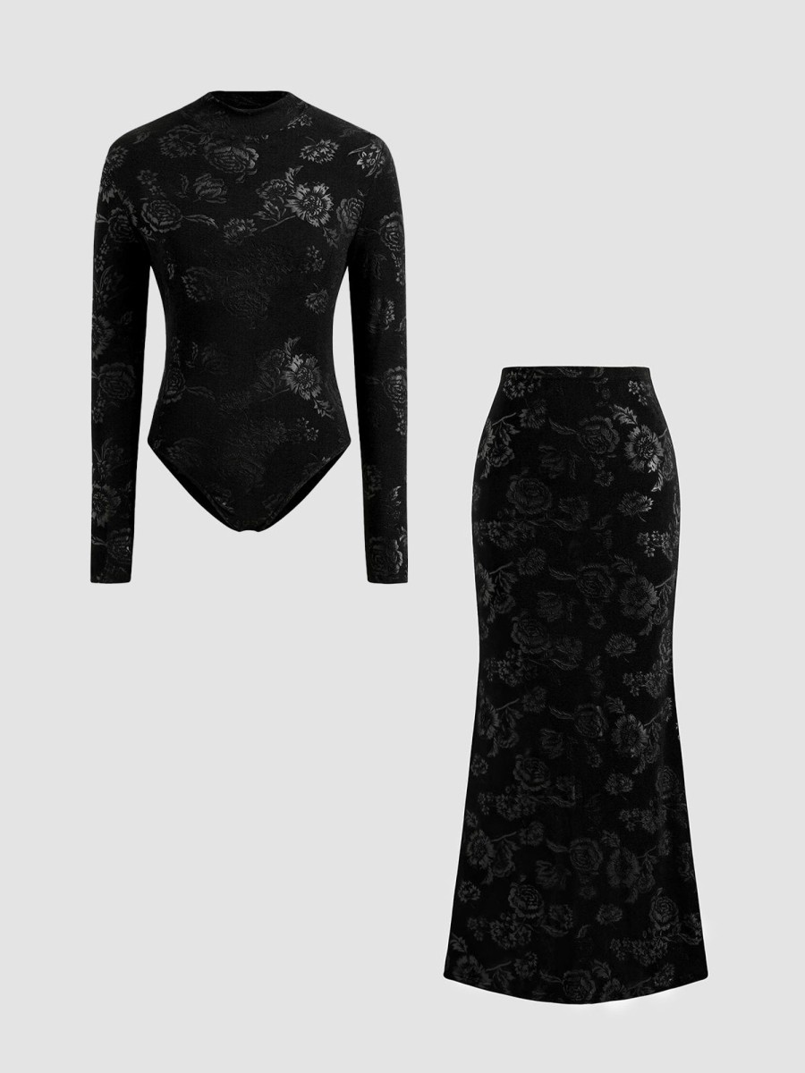 Women Ahaselected Bodysuits & Jumpsuits | Knitted Floral Embossed Turtleneck Jumpsuit U0026 Skirt 2 Pieces Set Black