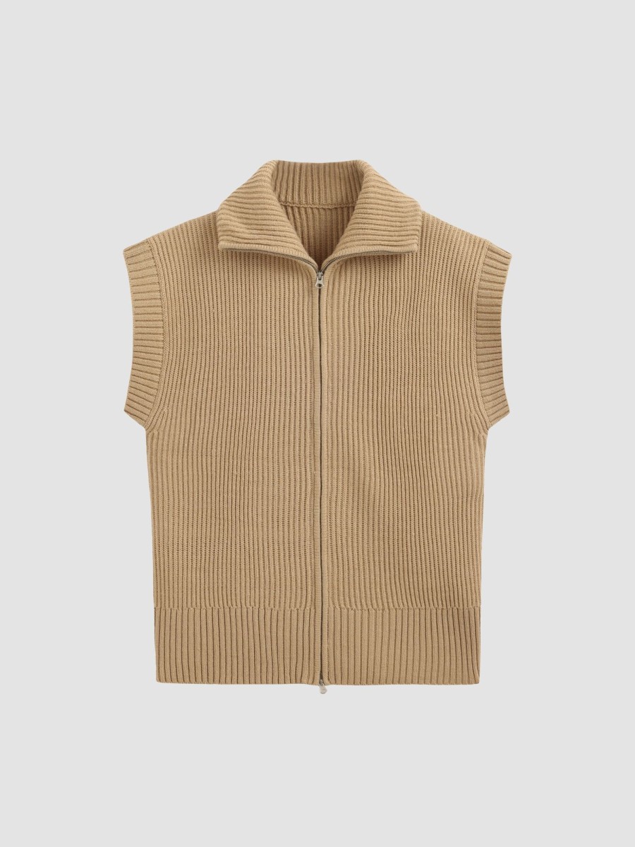 Women Ahaselected Tops | Cozy Ribbed Zip-Up Sweater Sleeveless Vest Khaki