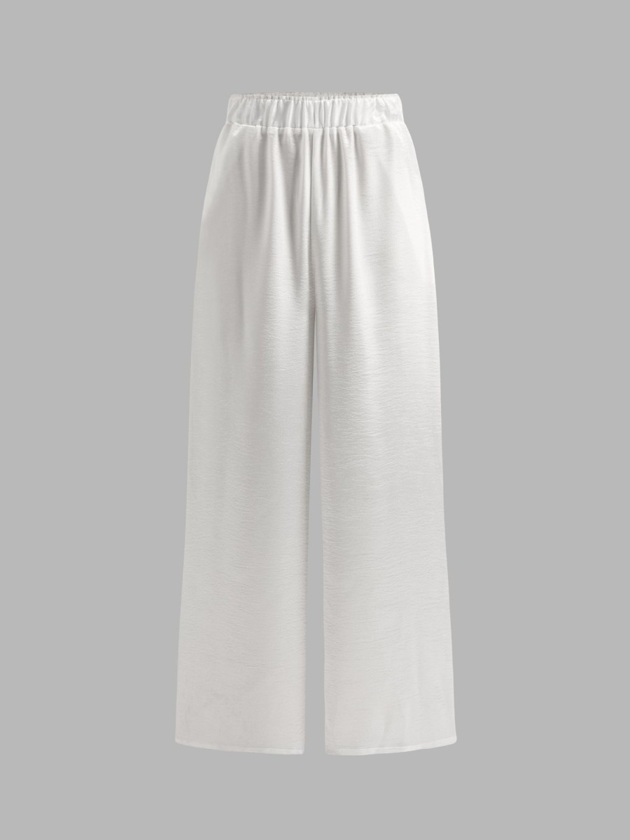 Women Ahaselected Pants | Textured Satin Elastic Waistband Wide Leg Pants White