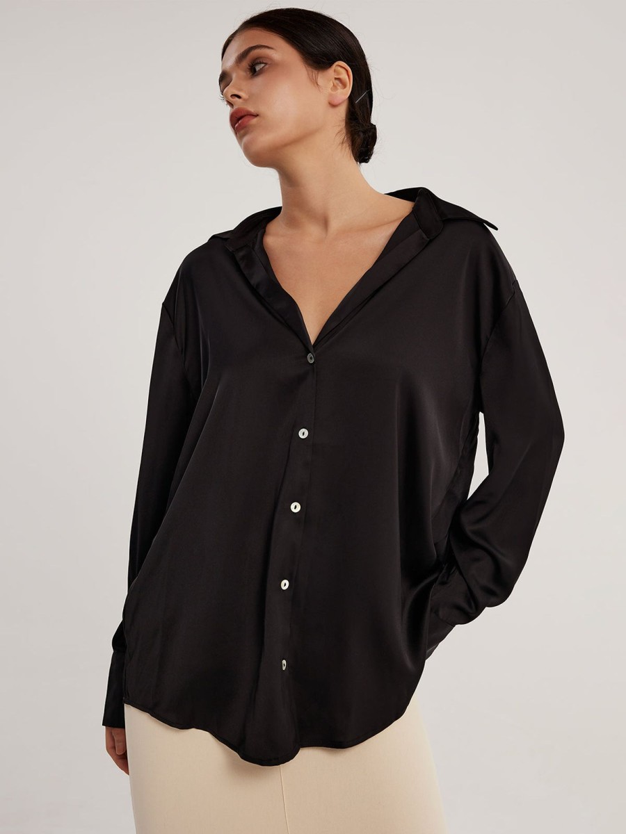 Women Ahaselected Basic Tops | Satin Drop Collar Shirt