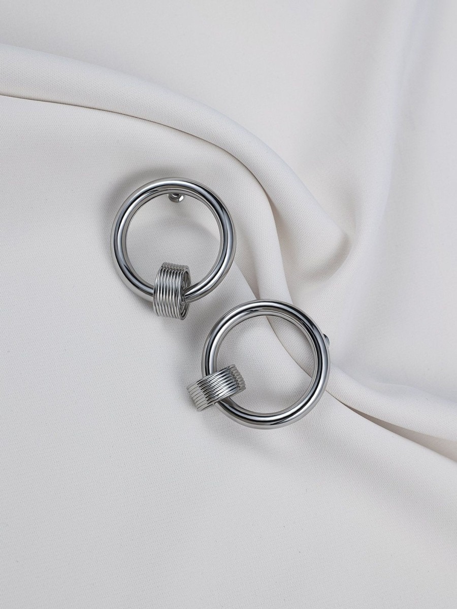 Women Ahaselected Earrings | Round Double Circle Sliver Metal Earrings