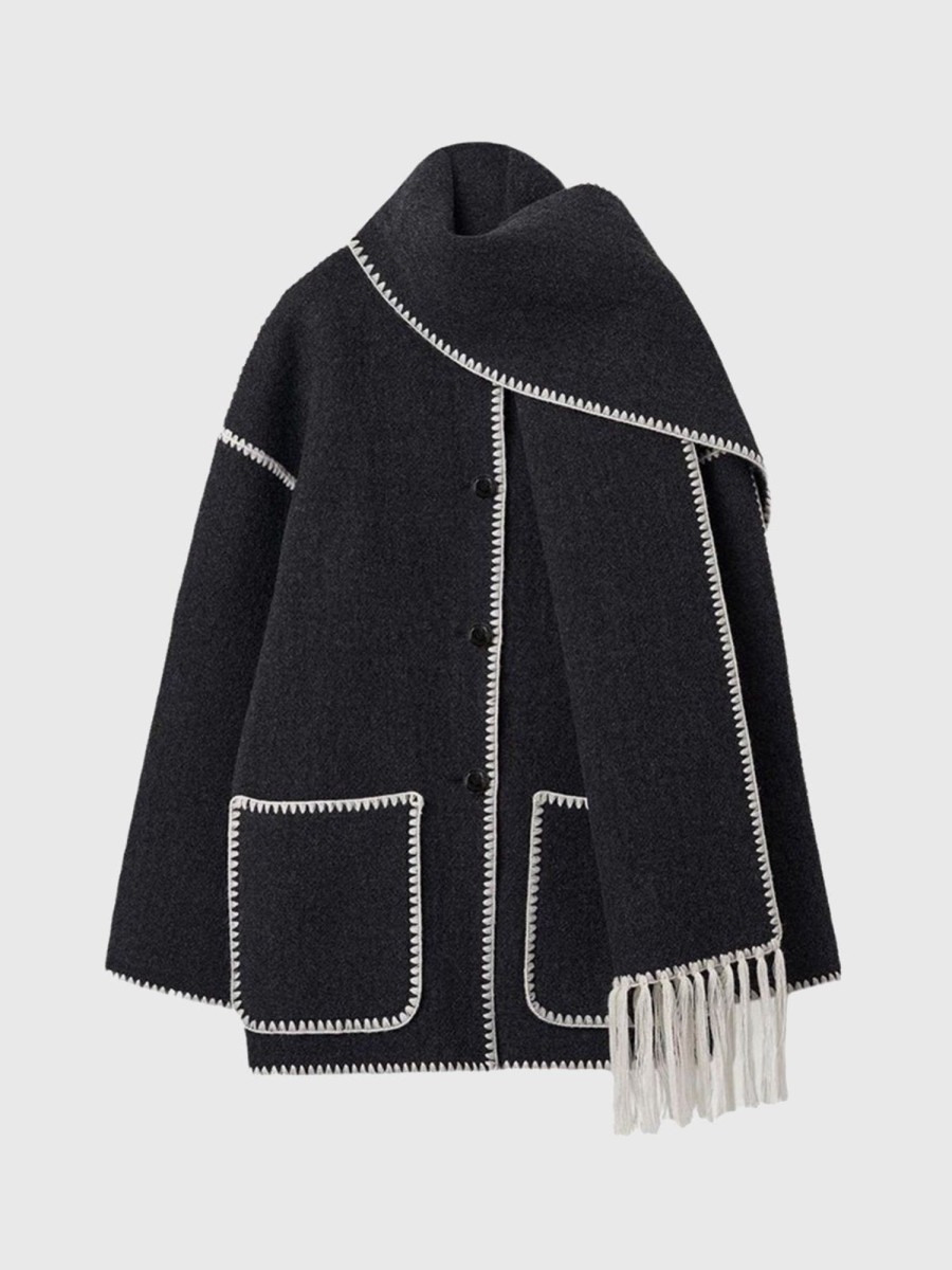 Women Ahaselected Jackets & Coats | Scarf-Neckline Felt Woolen Coat