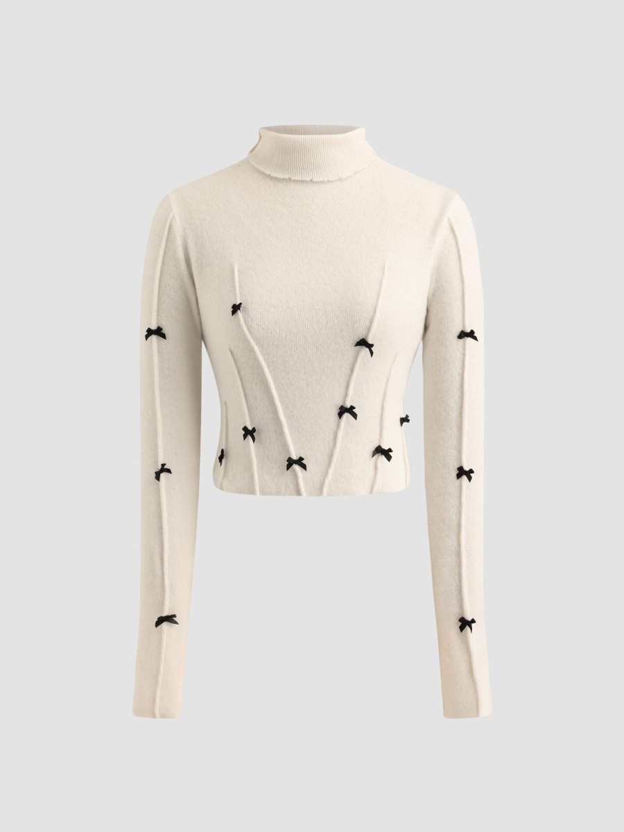 Women Ahaselected Tops | Embellished Bow Turtleneck Sweater