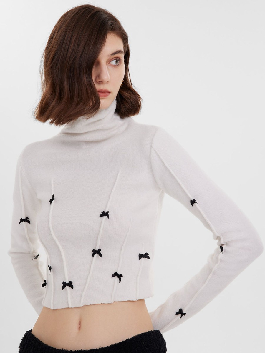 Women Ahaselected Tops | Embellished Bow Turtleneck Sweater