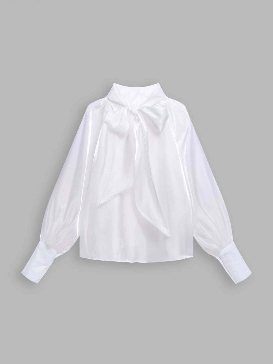 Women Ahaselected Tees & Graphics | Mermaid Collar Bow Long Sleeve Blouse White