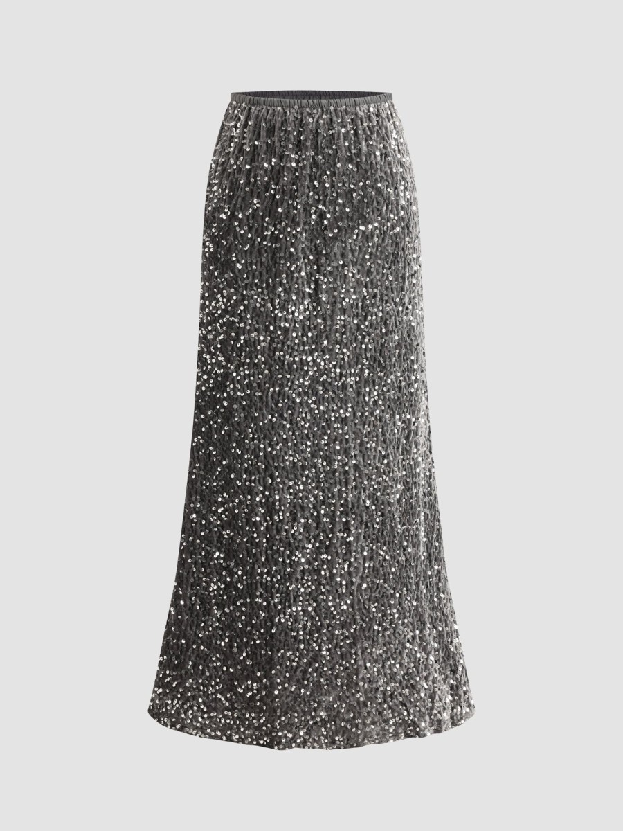 Women Ahaselected Skirts | Velvet Sequin Mermaid Long Skirt Grey