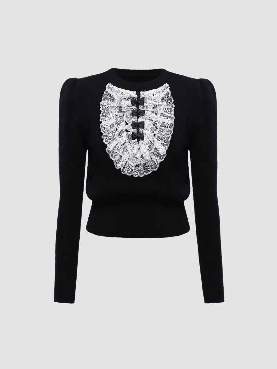 Women Ahaselected Tops | Women'S Lace Trim Turtleneck Sweater Black