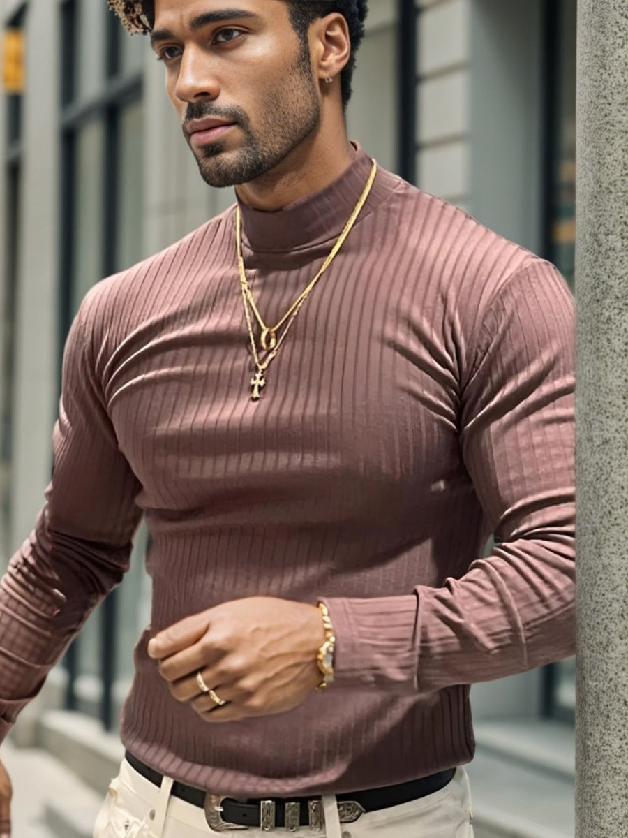 Men Ahaselected | Stretch Rib Jersey Mockneck Long Sleeves T-Shirt